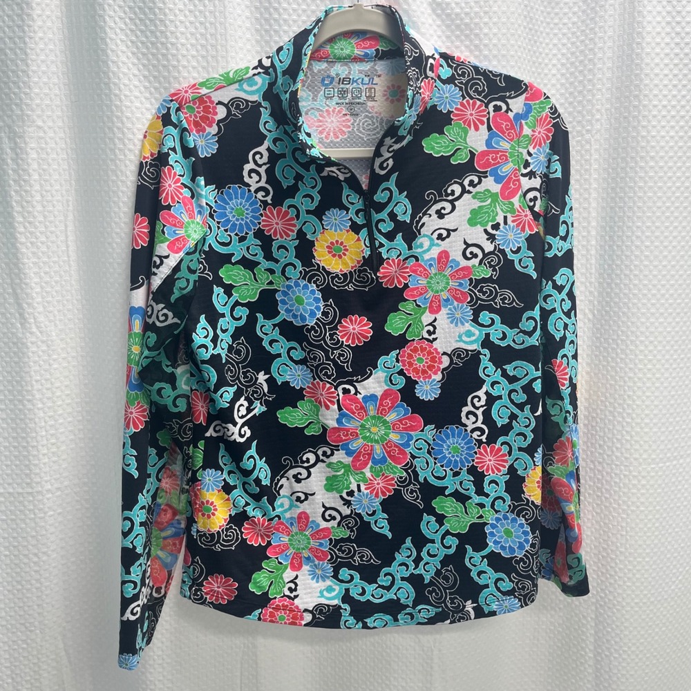 IBKUL Womens Medium Floral Print 1/4 Zip Shirt UPF 50+ Long Sleeve Black Golf